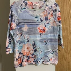 4 for $10! Northern Reflections Women's Floral Striped Top - Blue and Pink